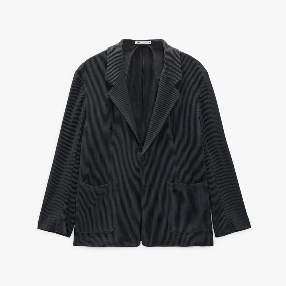 Zara Black Ribbed Oversized Button Front Blazer, Size Medium‎